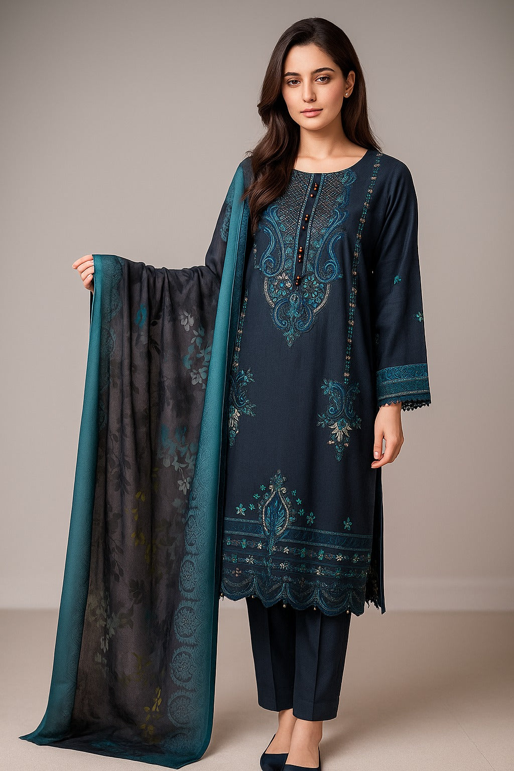 Luxury Shemre 3-Piece Embroidered Suit – Winter Elegance Collection