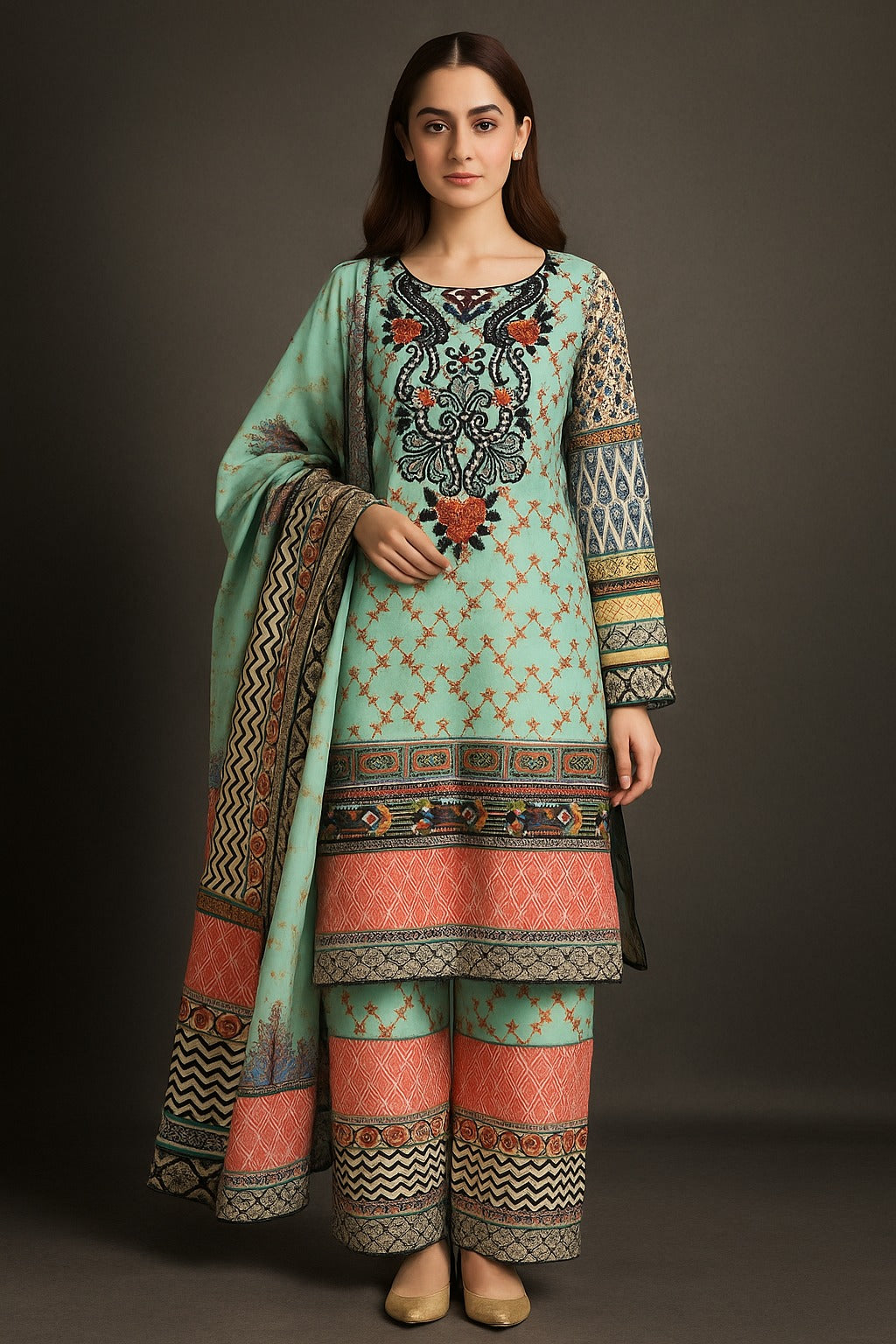 Premium Mint Green Twill Printed 3-Piece Suit