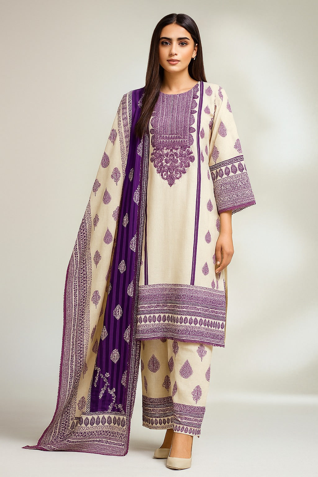 Elegant Purple Twill Printed 3-Piece Suit –  stitched