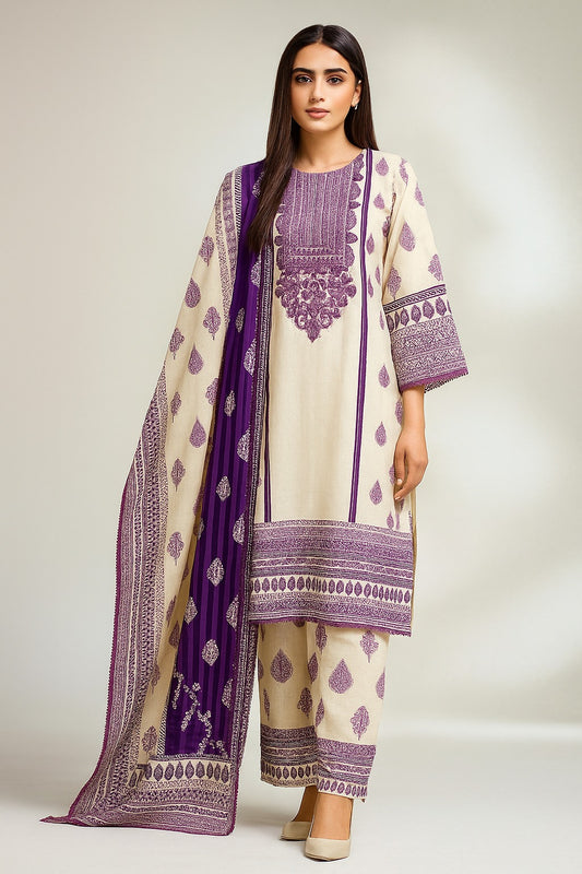 Elegant Purple Twill Printed 3-Piece Suit –  stitched