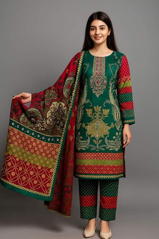 Premium Twill Printed 3-Piece Suit – Charcoal Olive & Red Shade