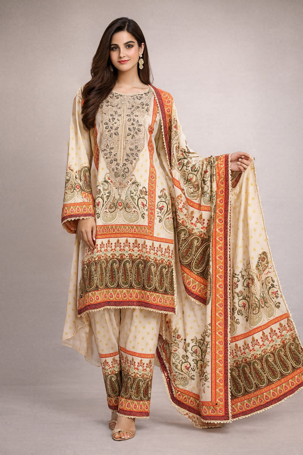 Elegant Twill Wool Floral Three Peice  – Imported Luxury (Stitched)