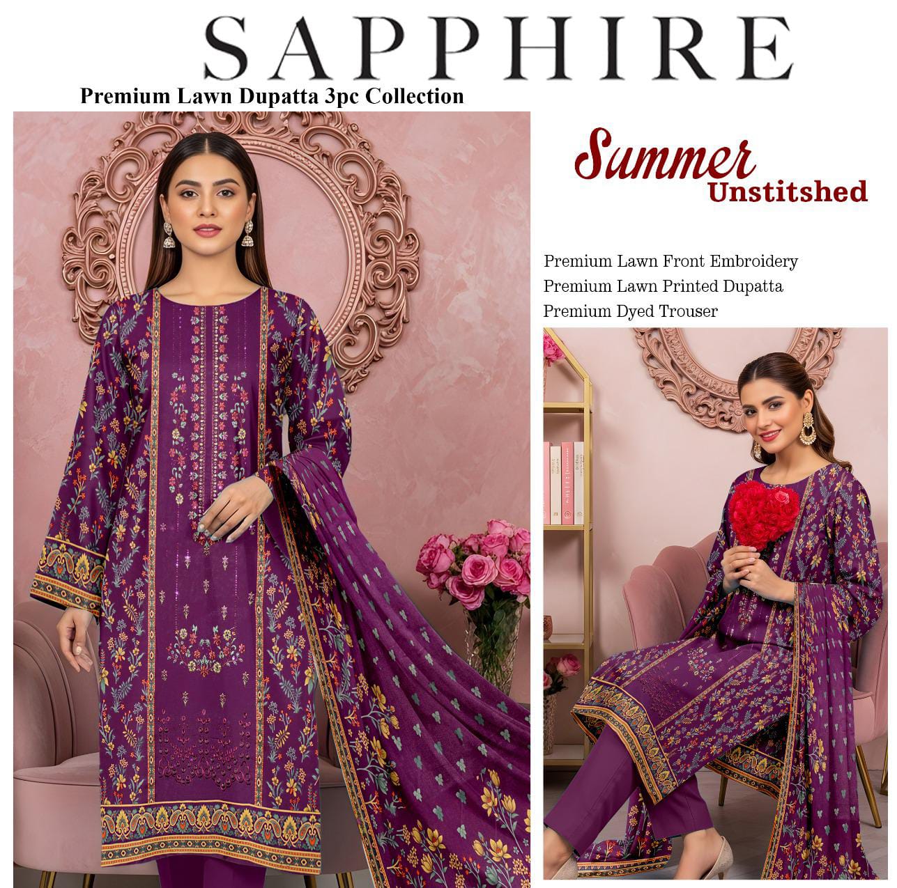 BUNDLE OF 10 SUITS LAWN UNSTITCH 3PEICE