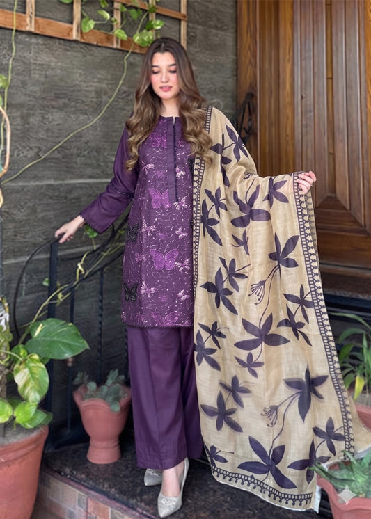 BUTTERFLY 3-Piece Embroidered Chikan Kari Lawn Suit (stitched)