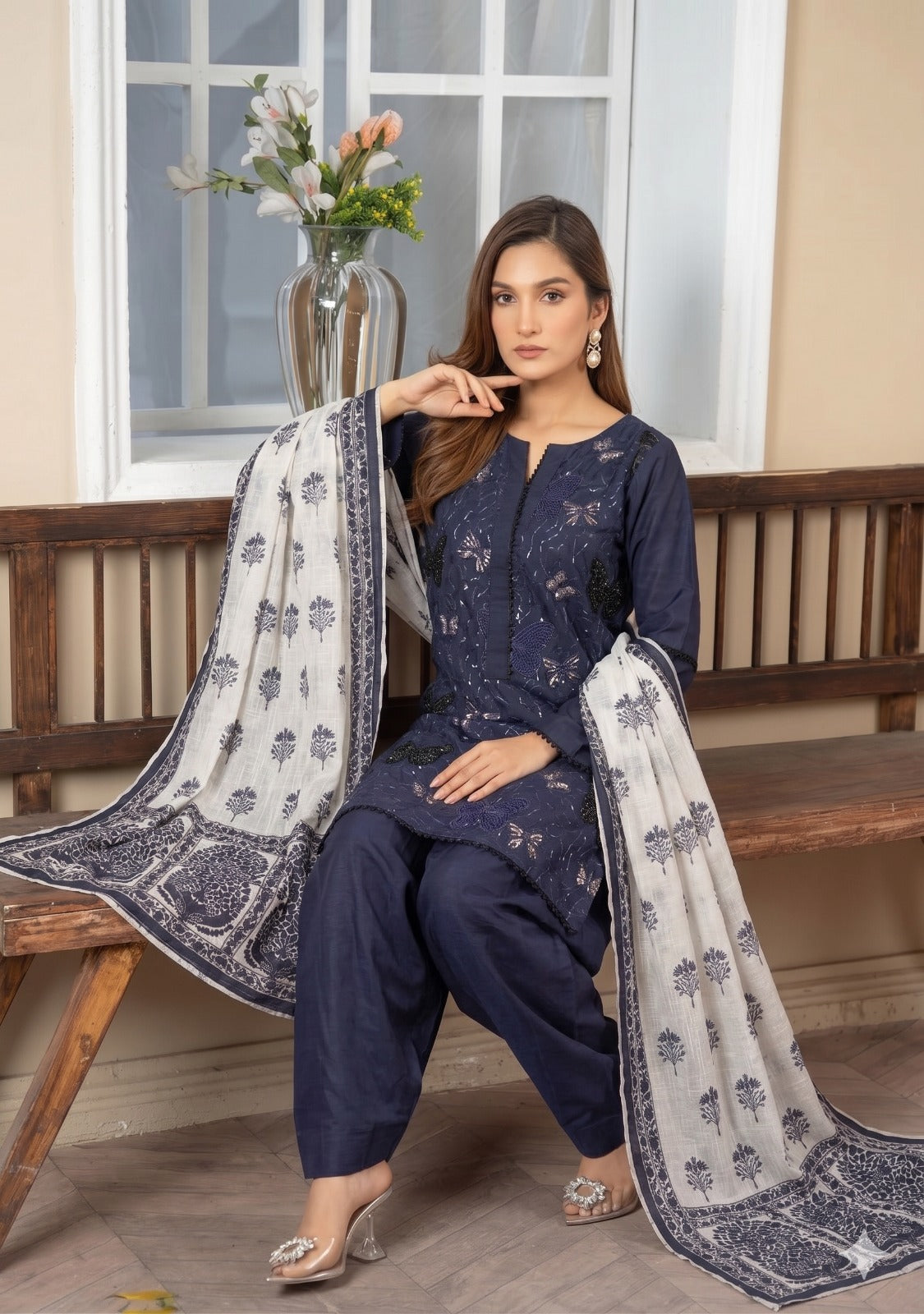 BUTTERFLY 3-Piece Embroidered Chikan Kari Lawn Suit (stitched)