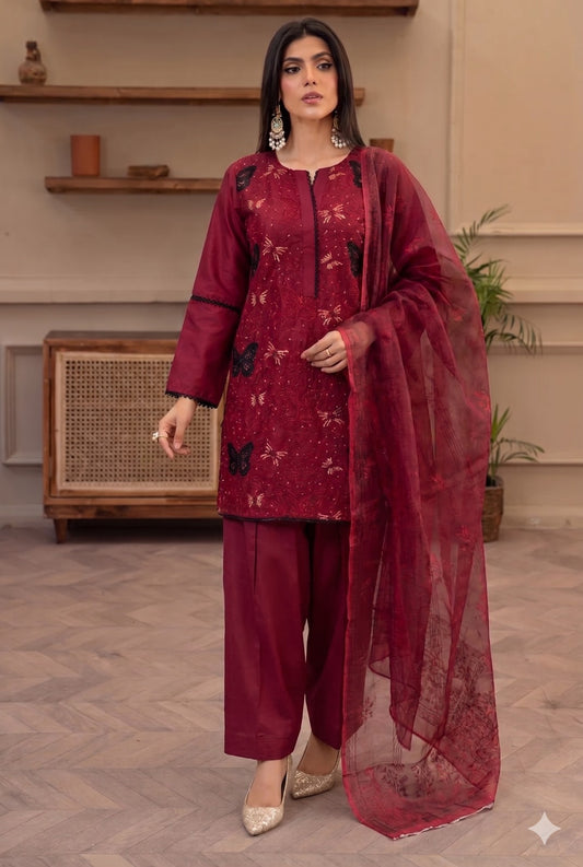 BUTTERFLY 3-Piece Embroidered Chikan Kari Lawn Suit (stitched)
