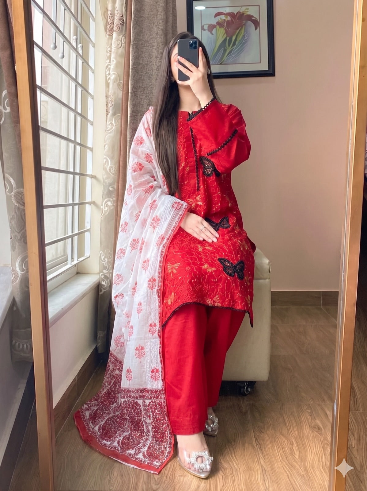 BUTTERFLY 3-Piece Embroidered Chikan Kari Lawn Suit (stitched)