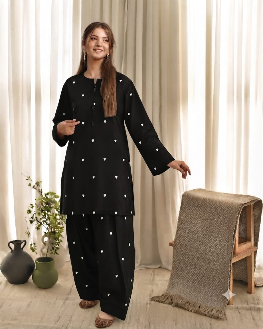 Dilruba Heart Embroidered Lawn Farshi Shalwar Set (Stitched)