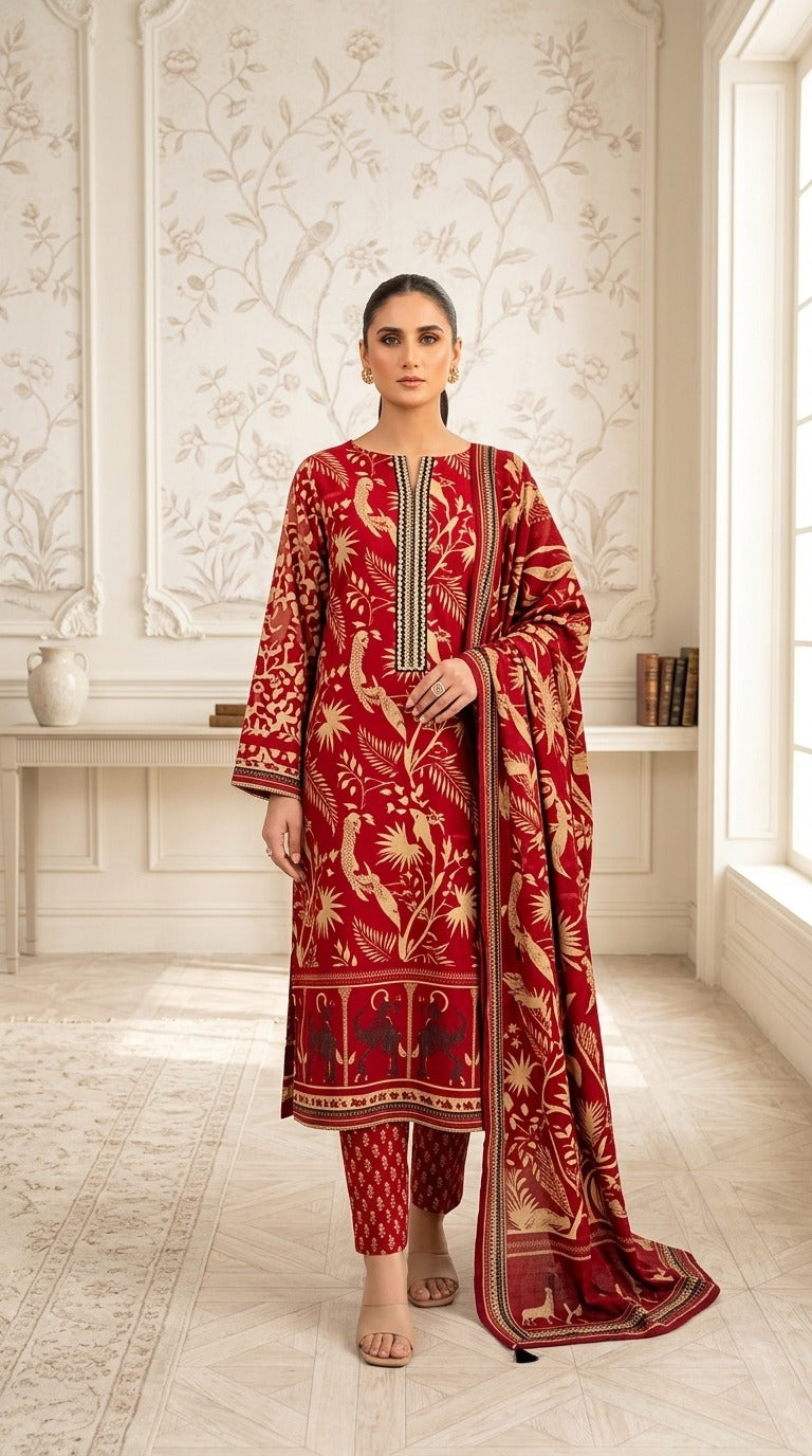 Premium Digital Printed Khaddar 3 Piece Suit | Luxury Unstitched Winter Collection | Bin Anwar