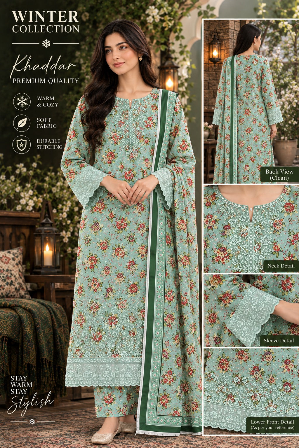 Royal Bloom Khaddar Digital Printed 3 Piece Suit (STITCHED)