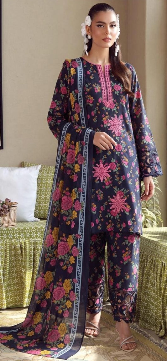 Luxury Premium Lawn 3-Piece Suit – Front Chikankari Embroidery with Chiffon Dupatta (UNSTITCHED)