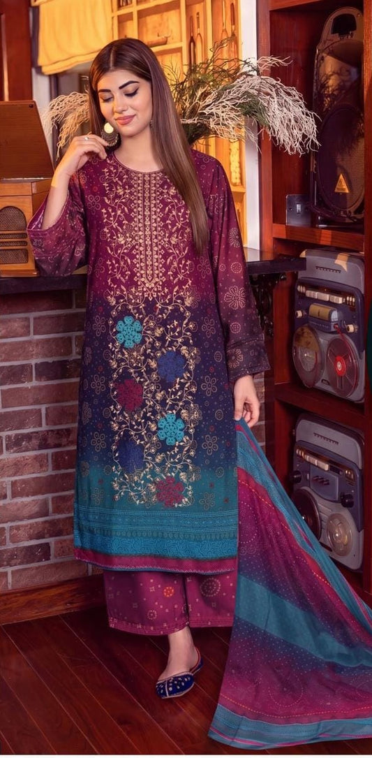 Luxury Premium Lawn 3-Piece Suit – Front Chikankari Embroidery with Chiffon Dupatta (UNSTITCHED)