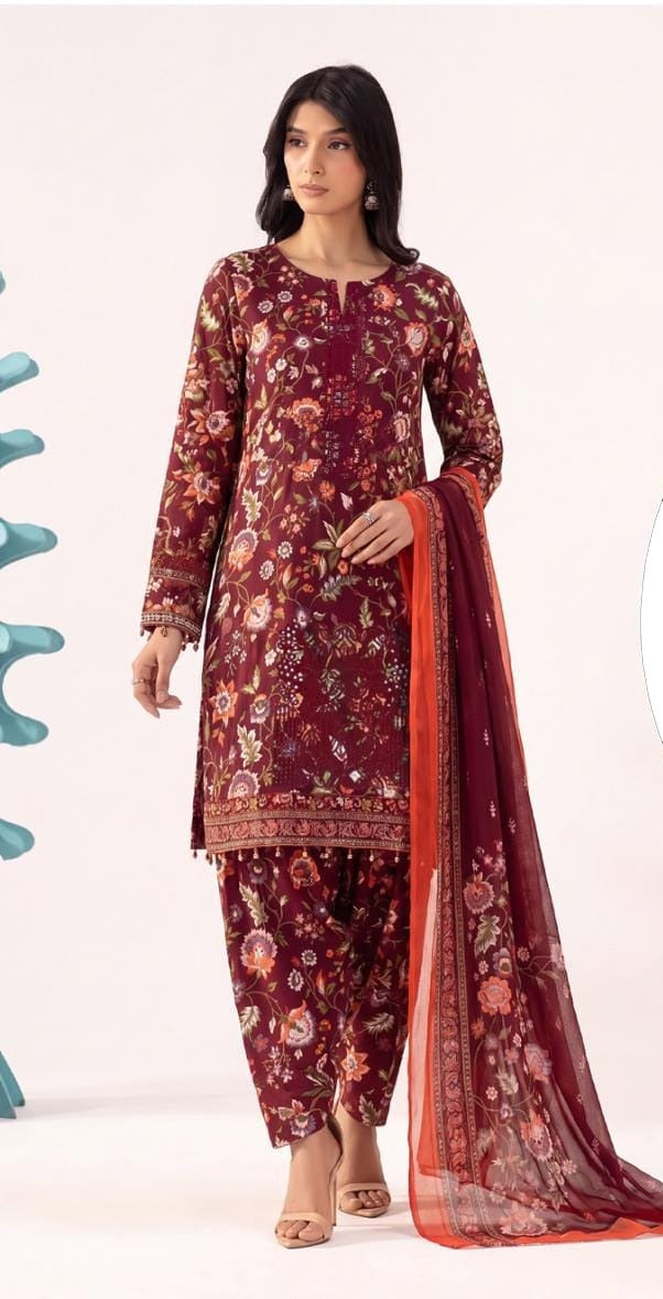 Luxury Premium Lawn 3-Piece Suit – Front Chikankari Embroidery with Chiffon Dupatta (UNSTITCHED)