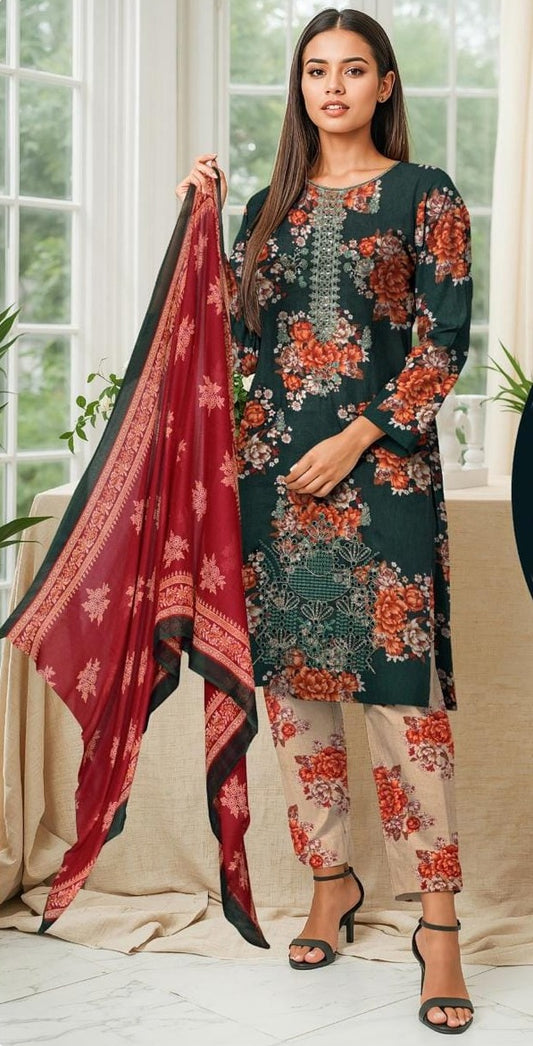Luxury Premium Lawn 3-Piece Suit – Front Chikankari Embroidery with Chiffon Dupatta (UNSTITCHED)
