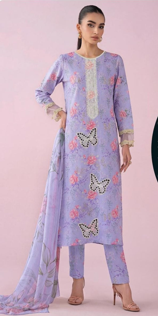 Luxury Premium Lawn 3-Piece Suit – Front Chikankari Embroidery with Chiffon Dupatta (UNSTITCHED)