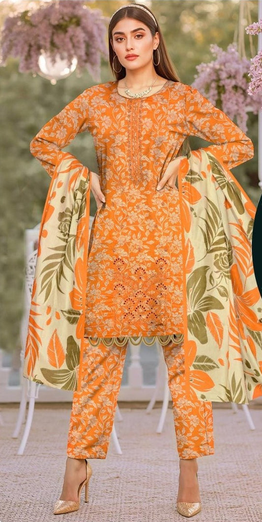 Luxury Premium Lawn 3-Piece Suit – Front Chikankari Embroidery with Chiffon Dupatta (UNSTITCHED)