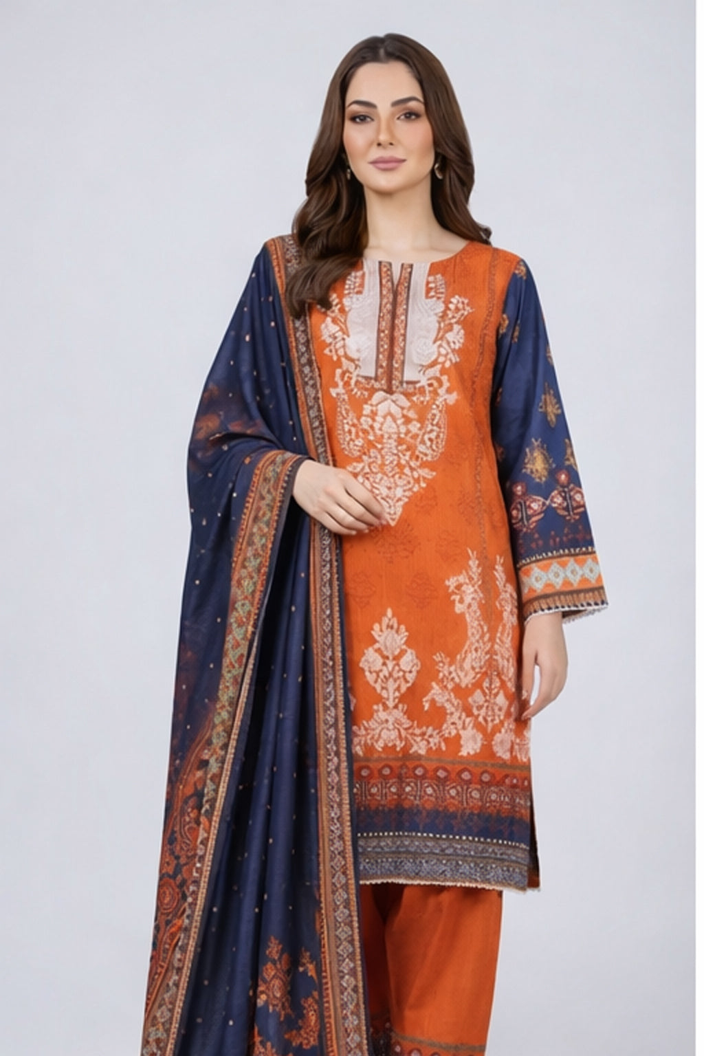 Elegant Twill Wool Floral Three Peice  – Imported Luxury (Stitched)