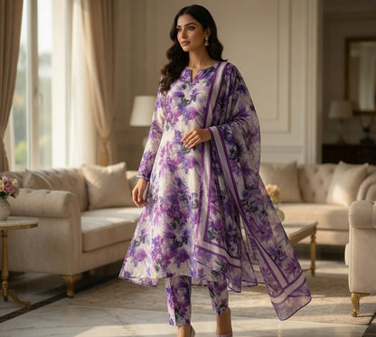 Premium Digital Print 3-Piece Unstitched Lawn Suit – All-Over 90/70 Bana Dora