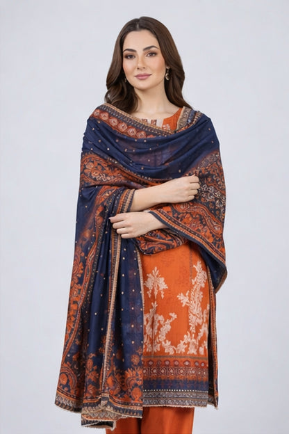 Elegant Twill Wool Floral Three Peice  – Imported Luxury (Stitched)