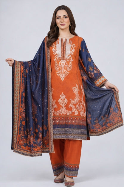 Elegant Twill Wool Floral Three Peice  – Imported Luxury (Stitched)