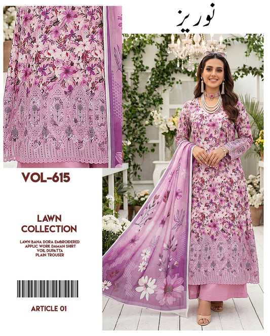 Noreaz Luxury Embroidered 3pc With Applique Work (Unstitched)