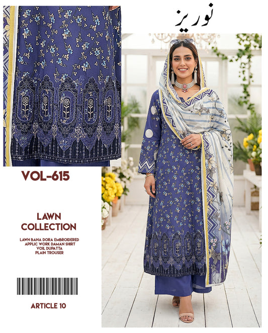 Noreaz Luxury Embroidered 3pc With Applique Work (Unstitched)