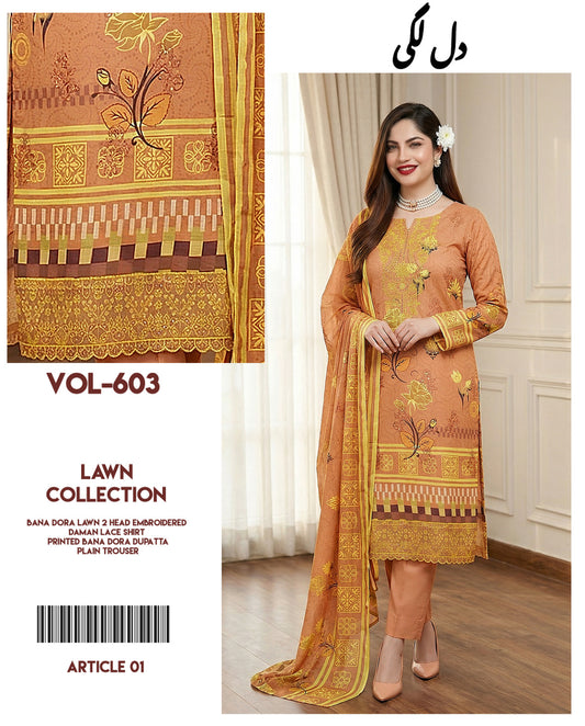 Dil Lagi - 3-Piece Embroidered Bana Dora Lawn Suit (Unstitched)