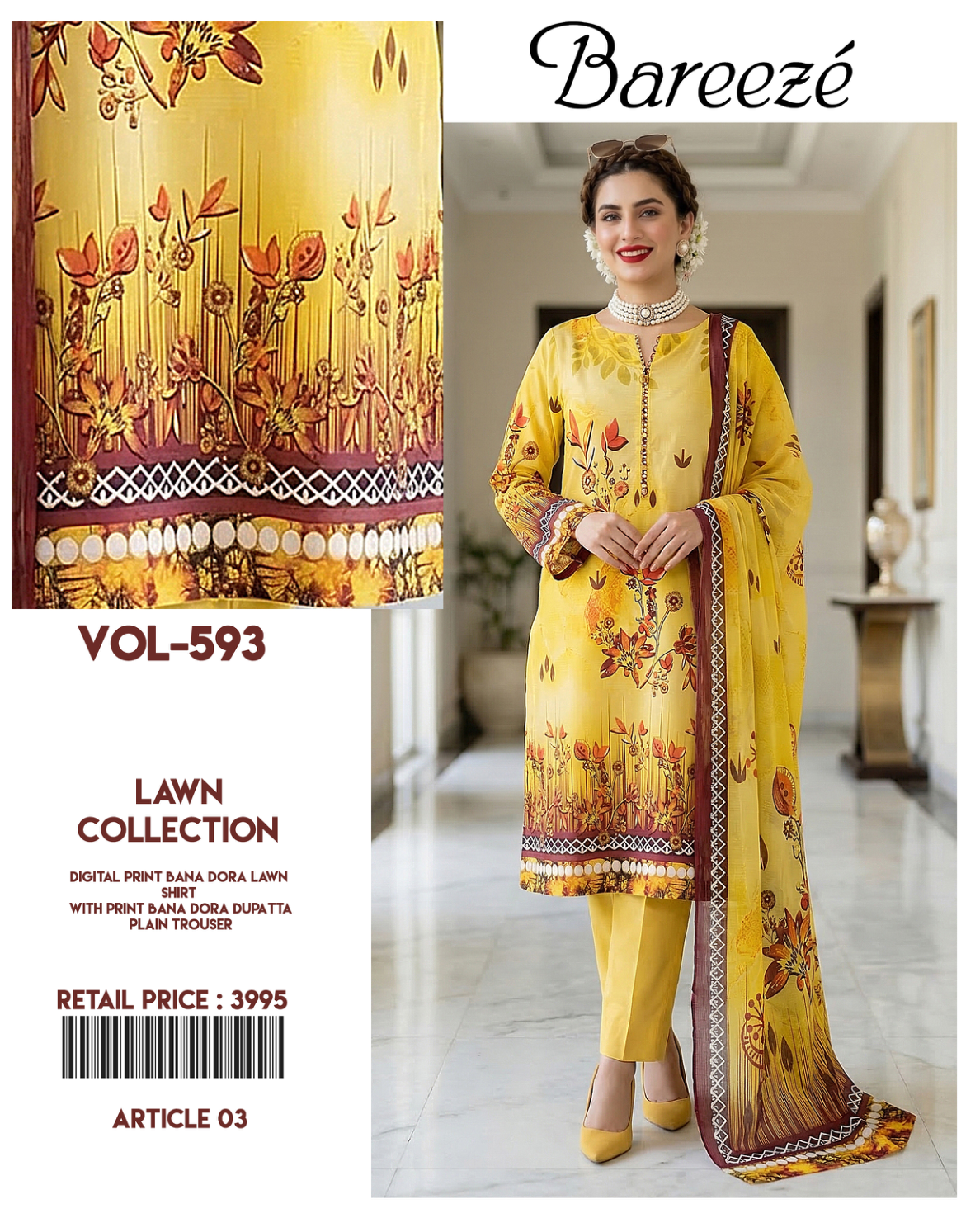 Bareeze 3-Piece Digital Print Bana Dora Lawn Suit (Unstitched)