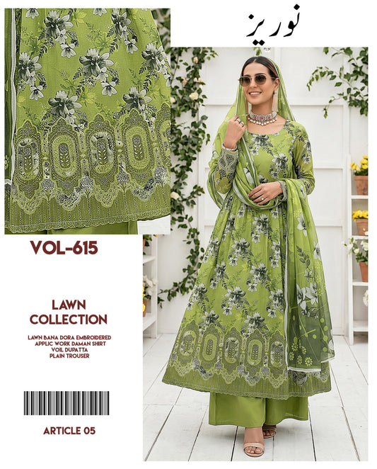 Noreaz Luxury Embroidered 3pc With Applique Work (Unstitched)