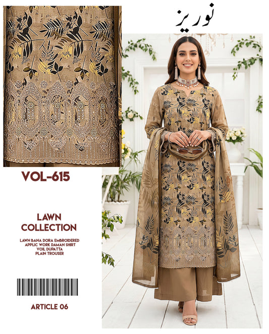 Noreaz Luxury Embroidered 3pc With Applique Work (Unstitched)