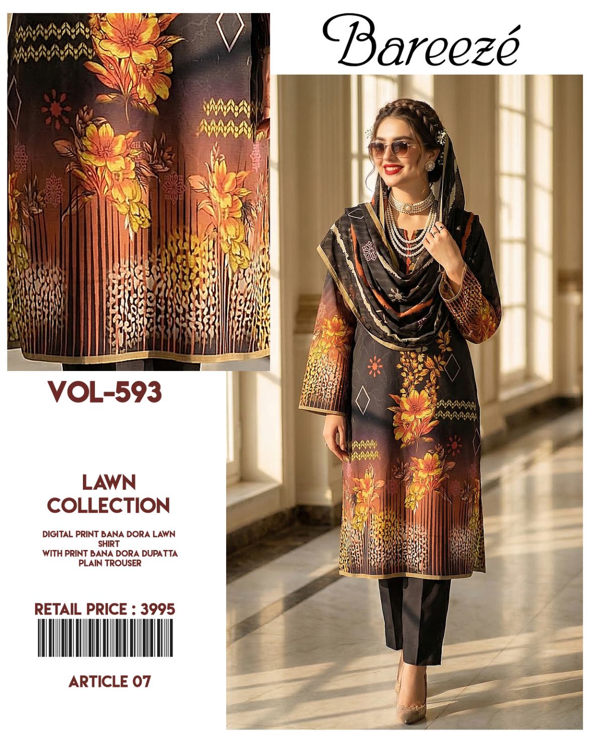 Bareeze 3-Piece Digital Print Bana Dora Lawn Suit (Unstitched)