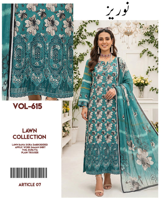Noreaz Luxury Embroidered 3pc With Applique Work (Unstitched)