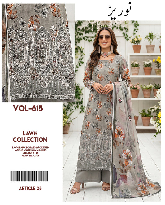 Noreaz Luxury Embroidered 3pc With Applique Work (Unstitched)