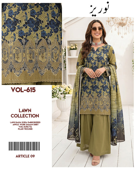Noreaz Luxury Embroidered 3pc With Applique Work (Unstitched)
