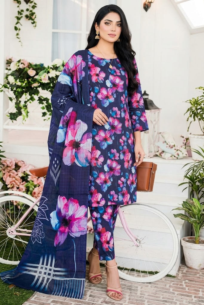 Woman wearing a floral dress standing in a decorated outdoor setting with plants and a bicycle.