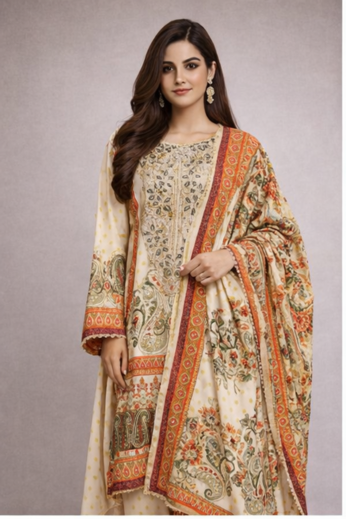 Elegant Twill Wool Floral Three Peice  – Imported Luxury (Stitched)