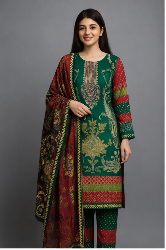 Elegant Twill Wool Floral Three Peice  – Imported Luxury (Stitched)