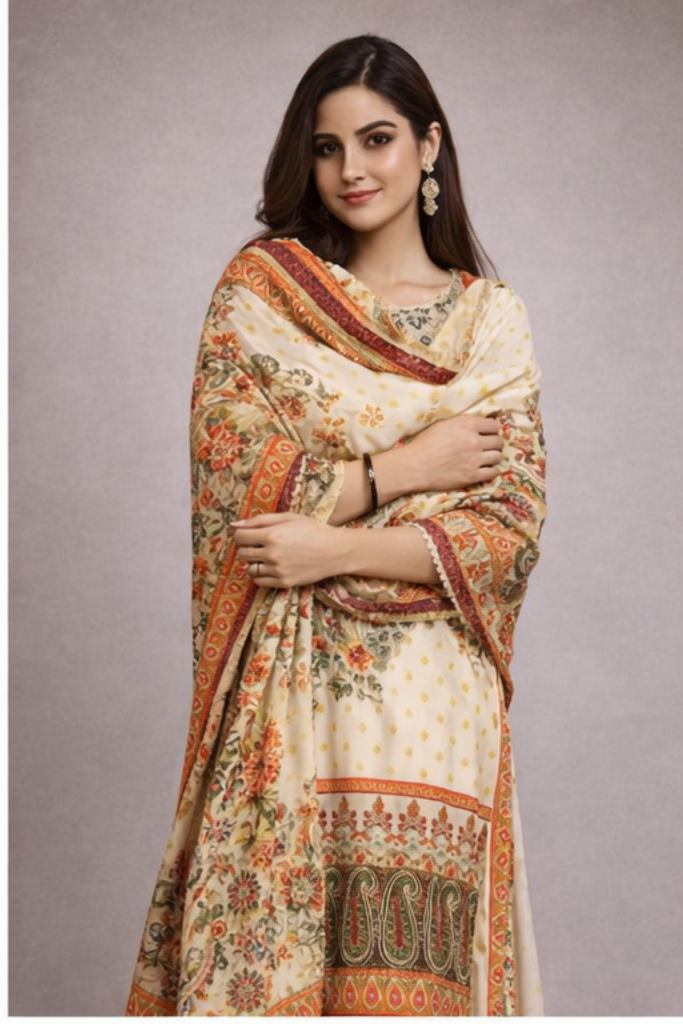 Elegant Twill Wool Floral Three Peice  – Imported Luxury (Stitched)