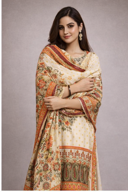 Elegant Twill Wool Floral Three Peice  – Imported Luxury (Stitched)