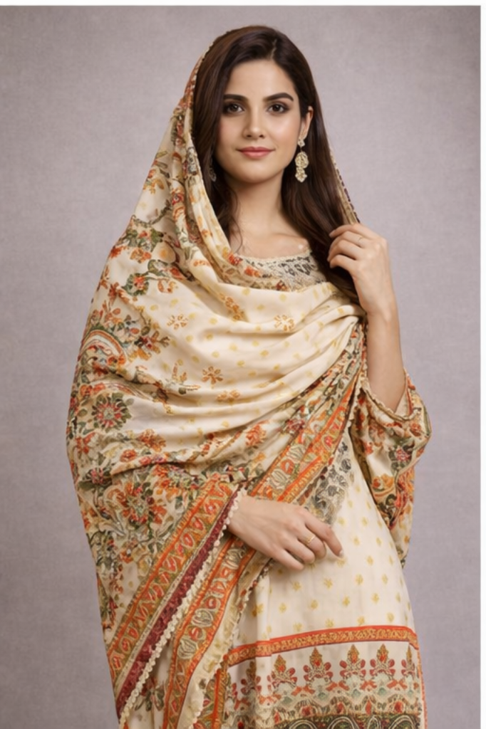Elegant Twill Wool Floral Three Peice  – Imported Luxury (Stitched)