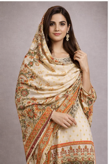 Elegant Twill Wool Floral Three Peice  – Imported Luxury (Stitched)