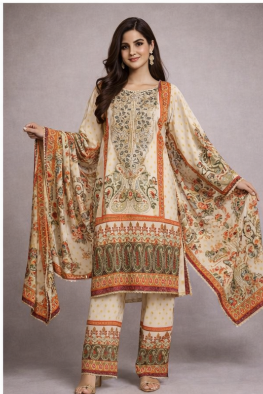 Elegant Twill Wool Floral Three Peice  – Imported Luxury (Stitched)